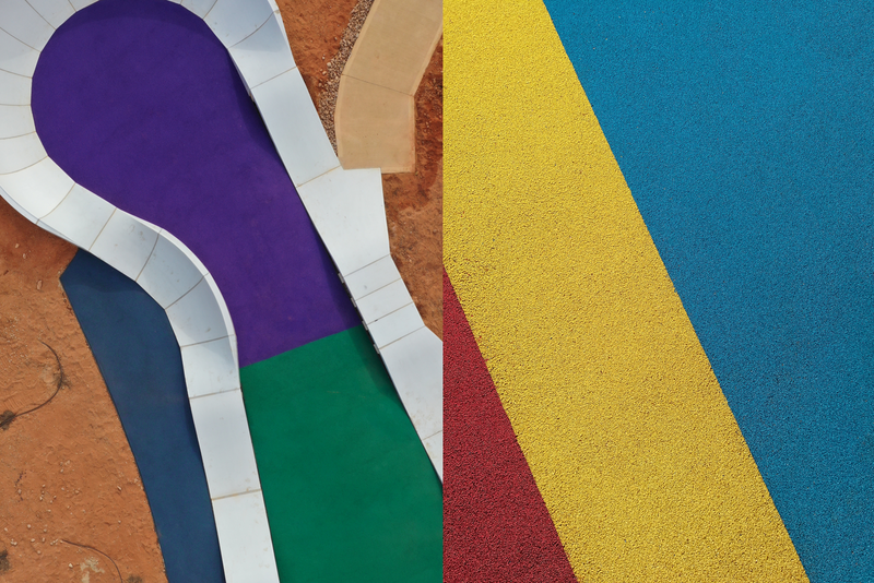 Colorful softfall rubber playground surfaces for schools and community areas, overhead view