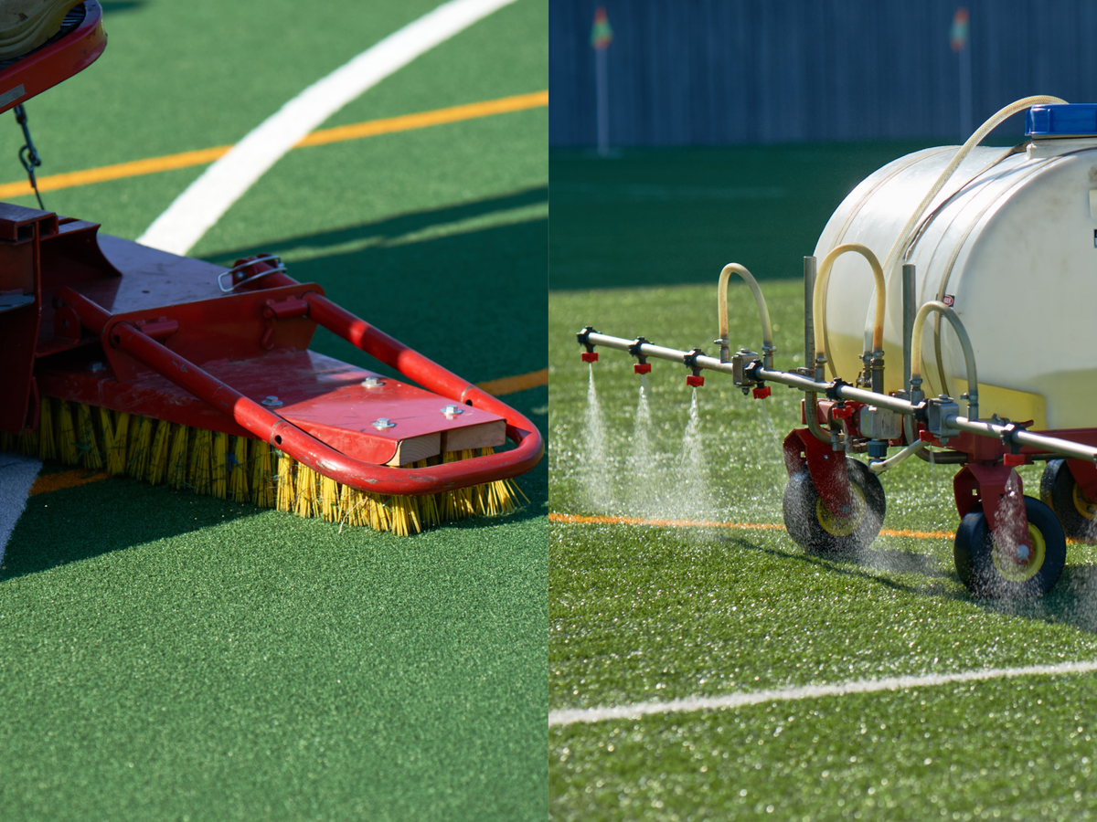 Synthetic turf maintenance with brushing and spraying equipment on sports field